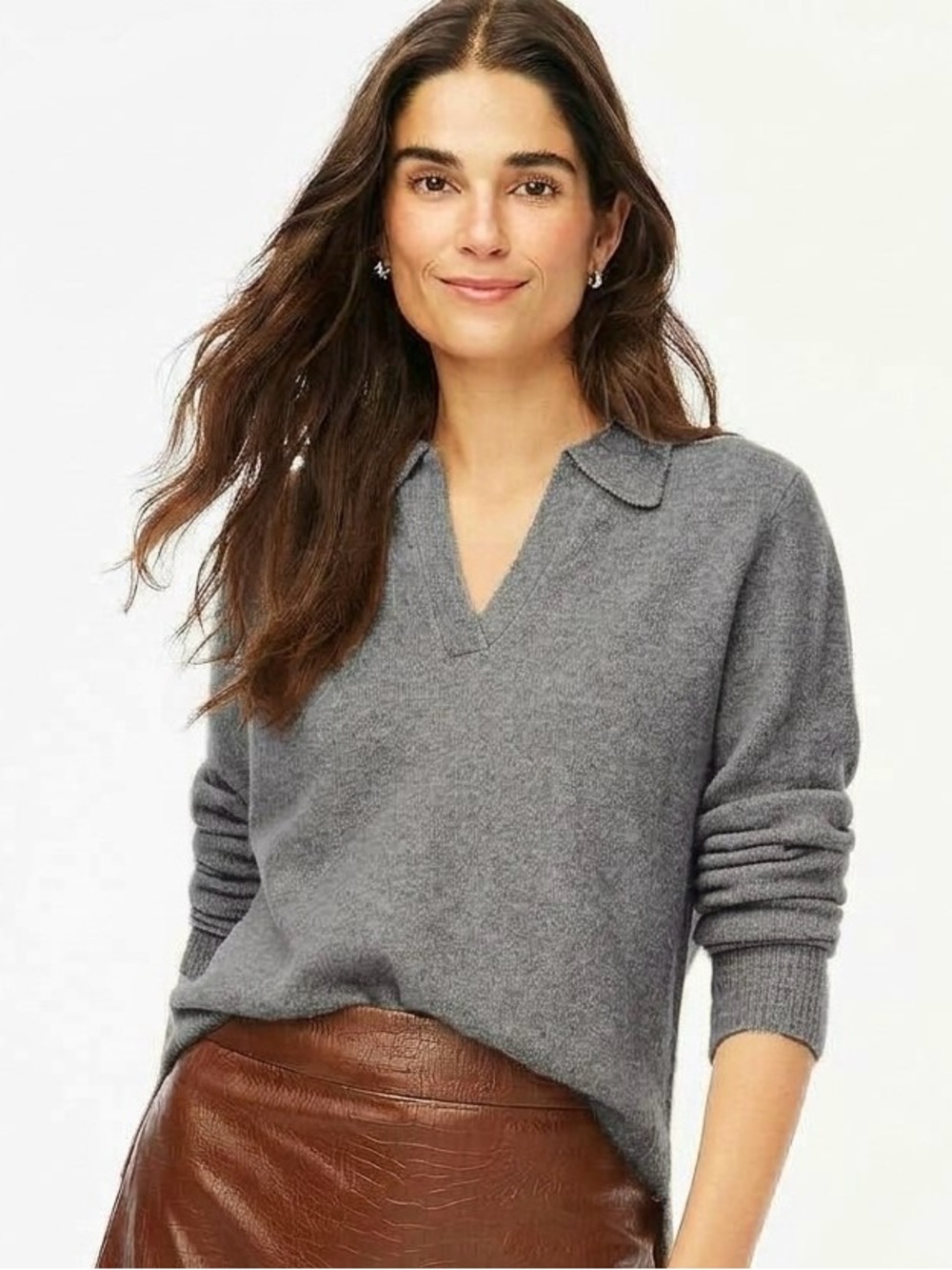J.Crew Factory Extra-Soft Sweater-Polo Heather Grey Knit Sz S with wool